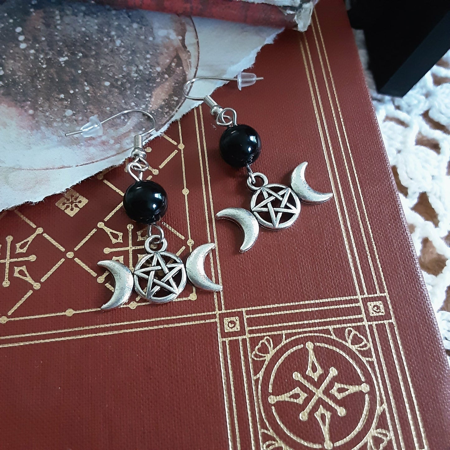 Silver color Hekate earrings Triple Moon Goddess and Obsidian dangles Protection Stone Pagan Jewelry