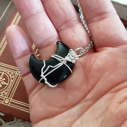 Obsidian Moon Necklace Wire wrapped pendant Protection Magic Jewelry Gothic Witchy Gift Idea