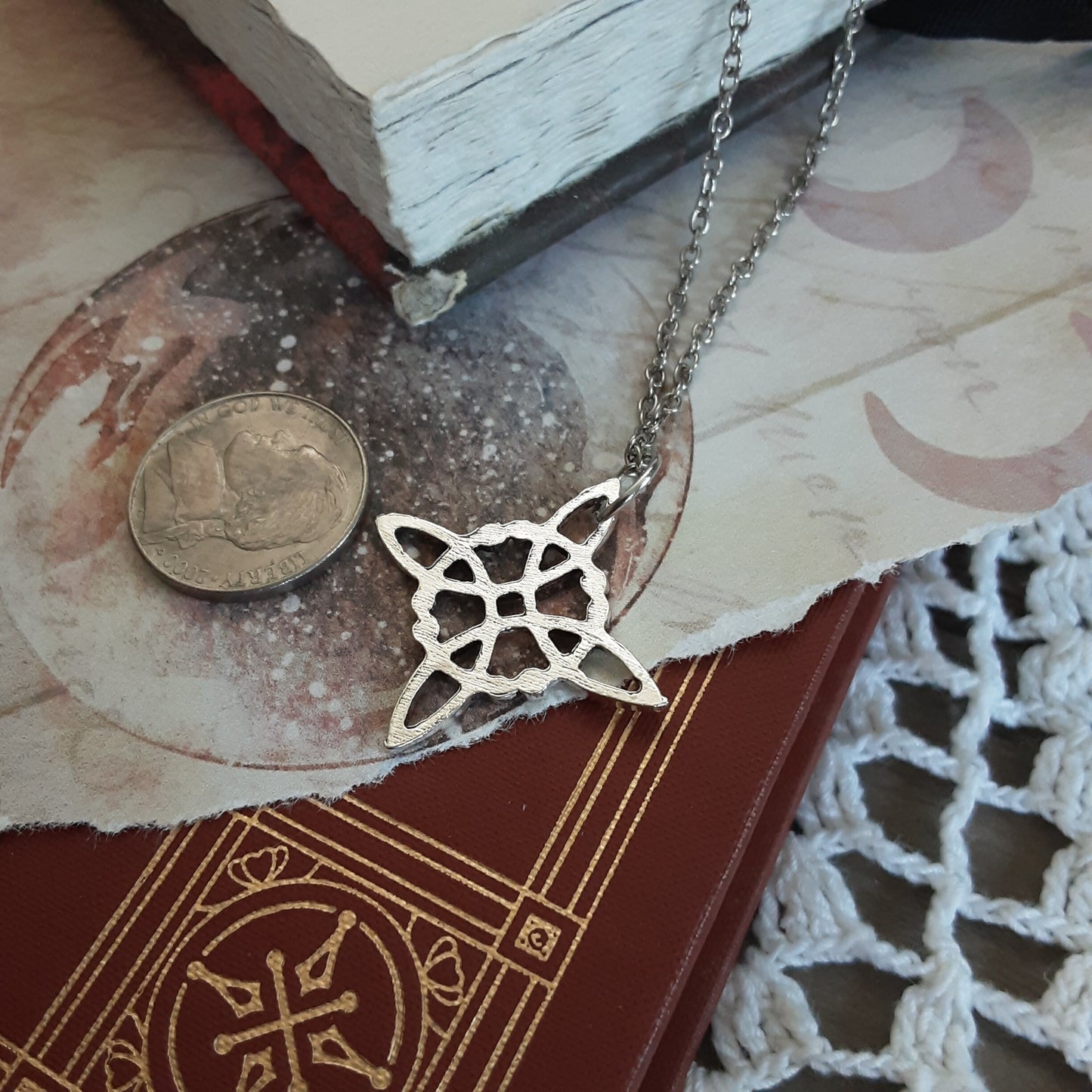 Witch knot protection necklace Pick Length Pagan Gift Witchcraft Magic Accessories, Larger style, Rhodium Plated Chain and pendant