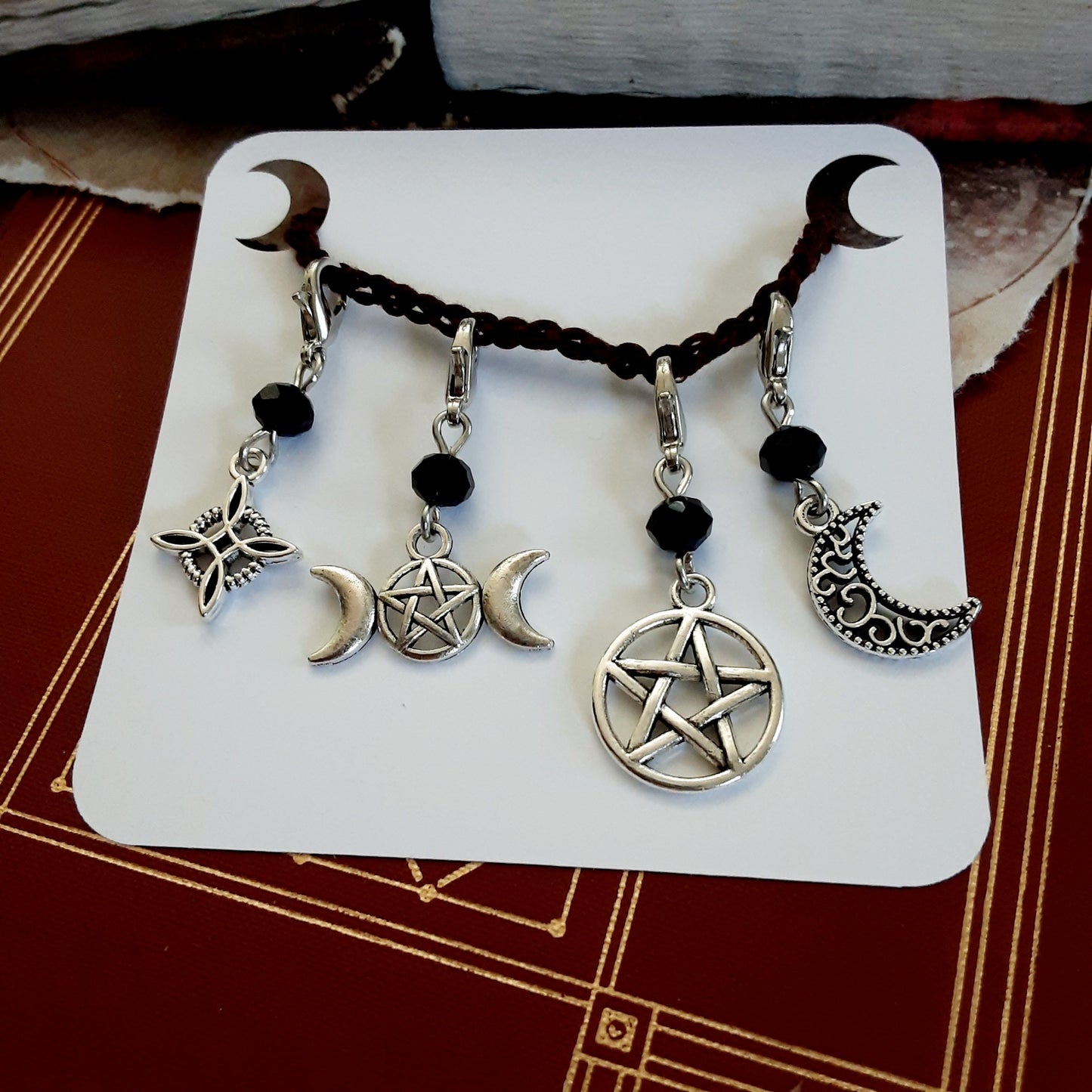 Stitch Marker Witchy 4 pc set Pagan zipper pulls Witch knot Pentacle Triple Moon Goddess and Crescent moon Gothic gift idea