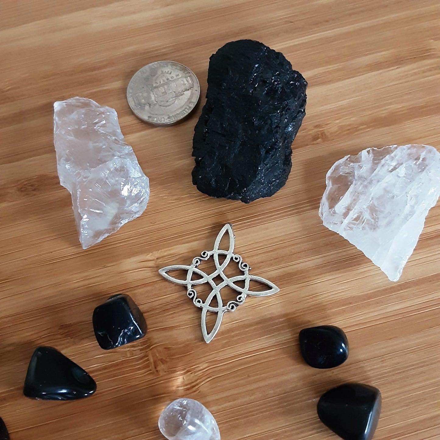 Protection Crystal Gift Set,  Obsidian, Clear Quartz and Black Tourmaline raw crystals with Witch knot magic amulet, Make your own grid