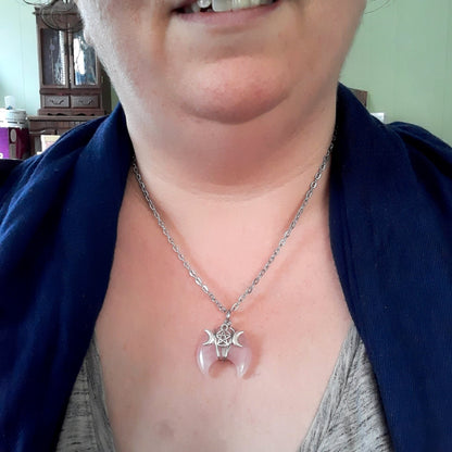 Rose Quartz moon necklace Triple Moon Goddess, Pagan jewelry Hekate dedication, Heart Chakra cleansing