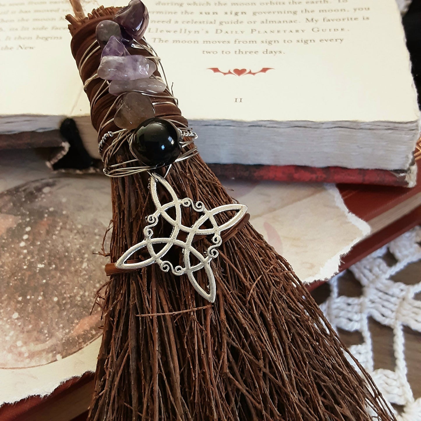 Witch broom with Amethyst and Obsidian for Protection Besom with Witch knot symbol for Altar cleansing Cinnamon scented