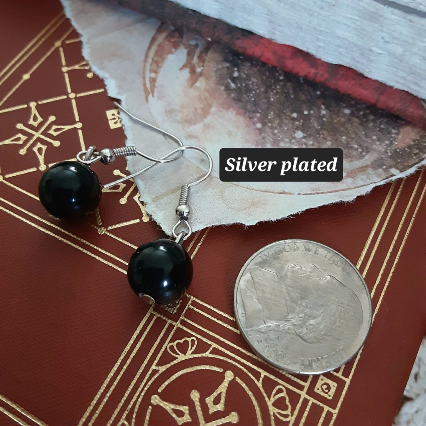 Obsidian dangle earrings Protection Stone Silver Plated or Surgical Steel hooks Hypoallergenic 10 mm beads