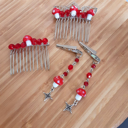 Mushroom hair accessories set, 4 pc Fairycore hair comb and hair clip set, Red mushroom wire wrapped hair decoration, Gift idea