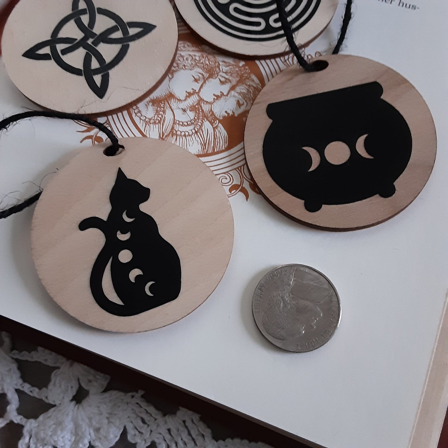 Yule ornament 1 pc wooden decor Cauldron Triple Moon Witch knot Moon Phase Hecate&#39;s Wheel Pagan Holiday decor Witchy Gothic vibes
