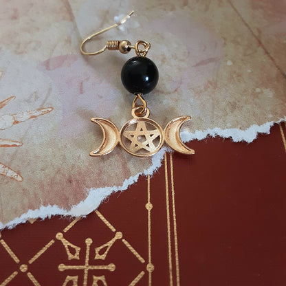 Gold color Hekate earrings Triple Moon Goddess and Obsidian dangles Protection Stone Pagan Jewelry