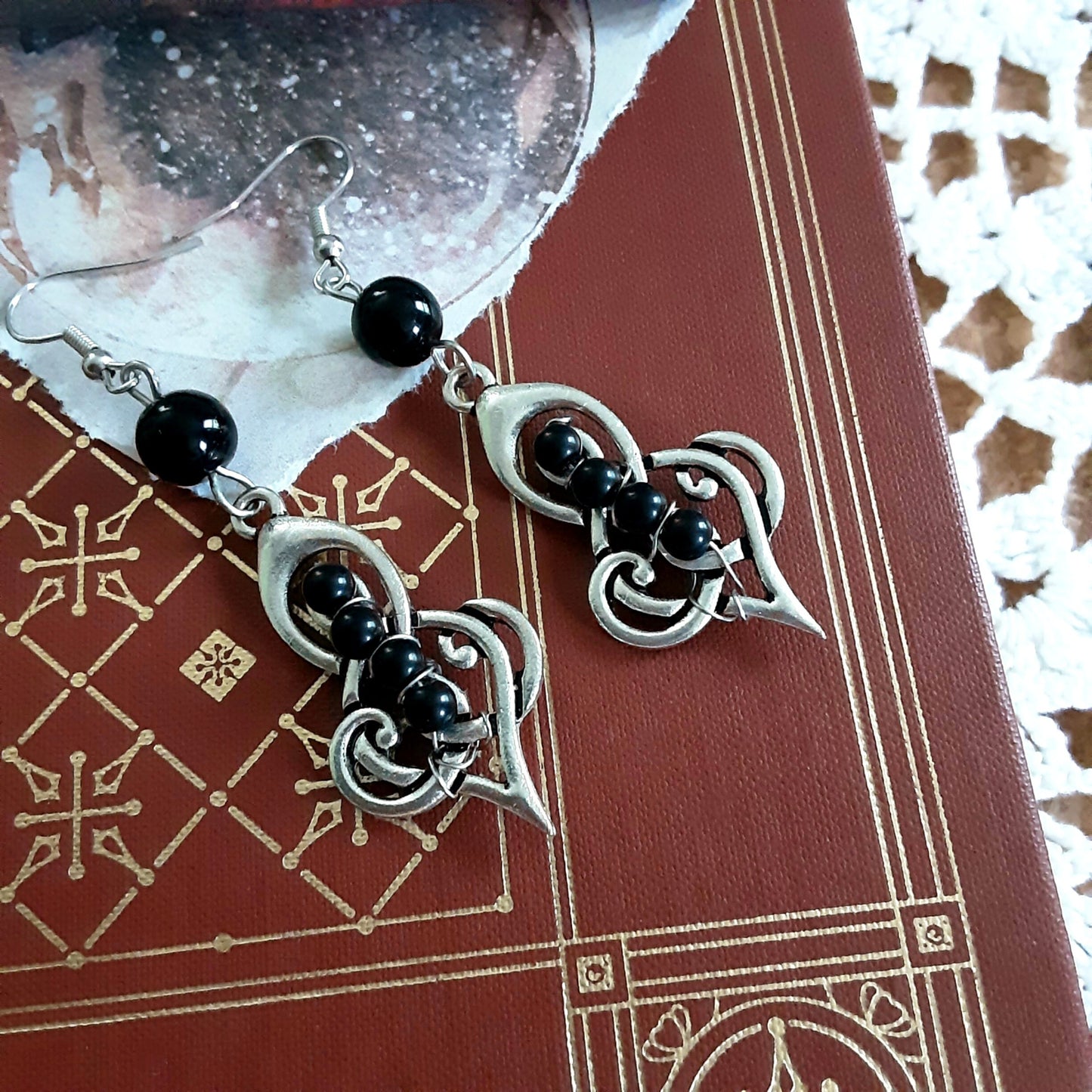 Celtic knotwork earrings with Obsidian bead detailing Protection Magic long Witchy earrings