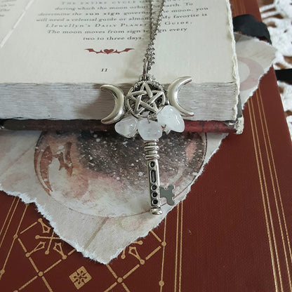 Hekate Key Necklace, Triple Moon Goddess Jewelry Pagan Dedication Amulet, Clear Quartz crystal chip intention setting Manifesting, Hecate