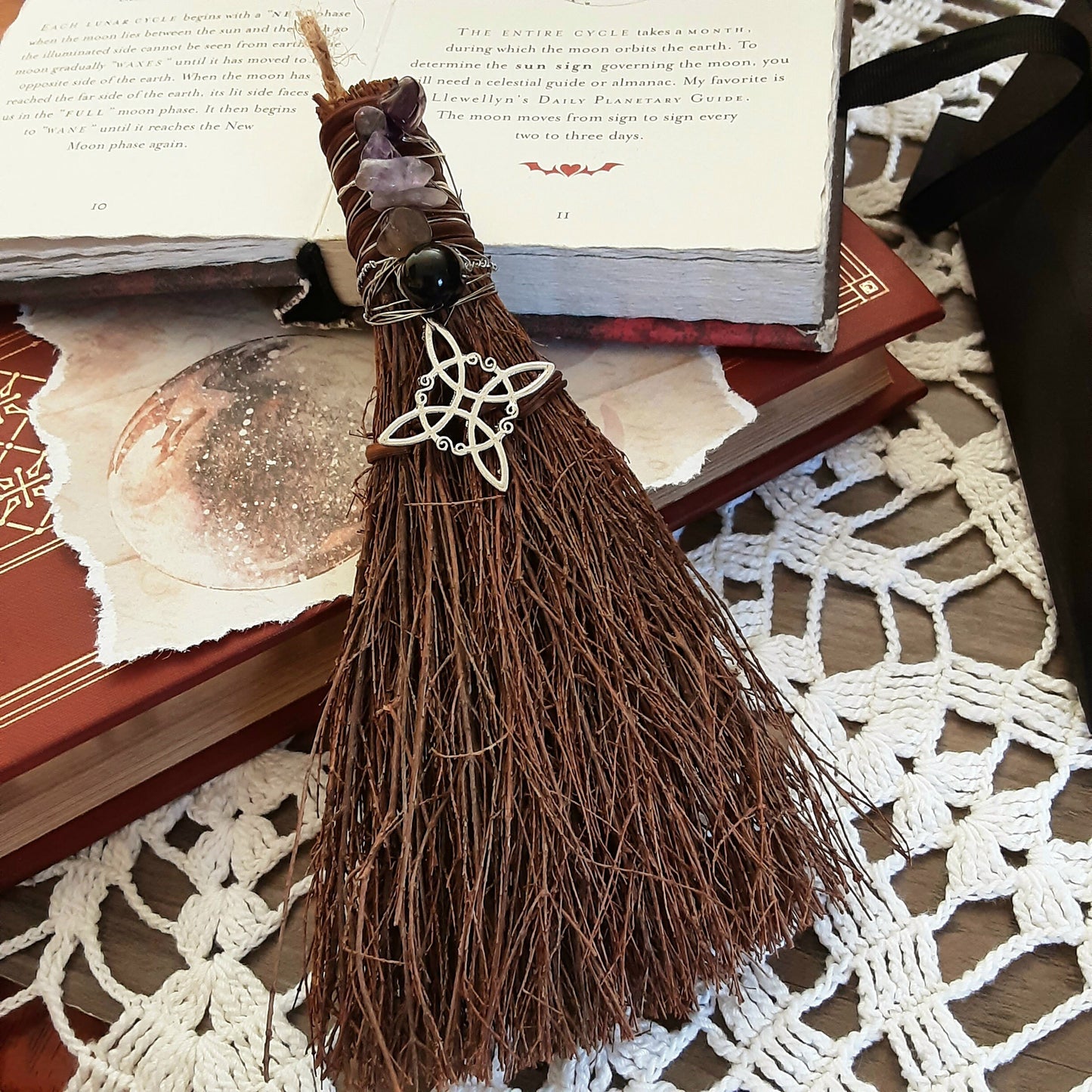 Witch broom with Amethyst and Obsidian for Protection Besom with Witch knot symbol for Altar cleansing Cinnamon scented