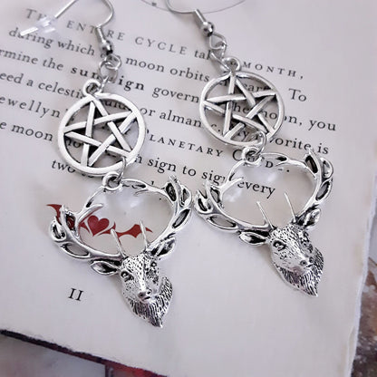 Horned God inspired earrings Stag Deer and pentacle earrings, Pagan Witch jewelry, dangle earrings Cernunnos dedication Gift idea