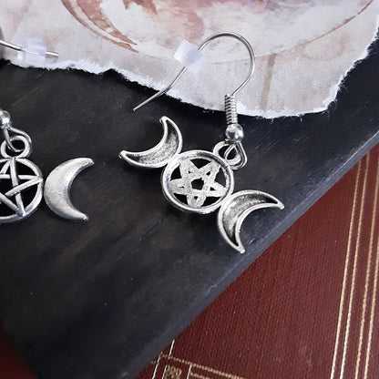 Triple Moon Goddess Earrings Hekate Dedication Pagan Deity Crescent Moon and Pentacle charm jewelry Magic Protection Symbol
