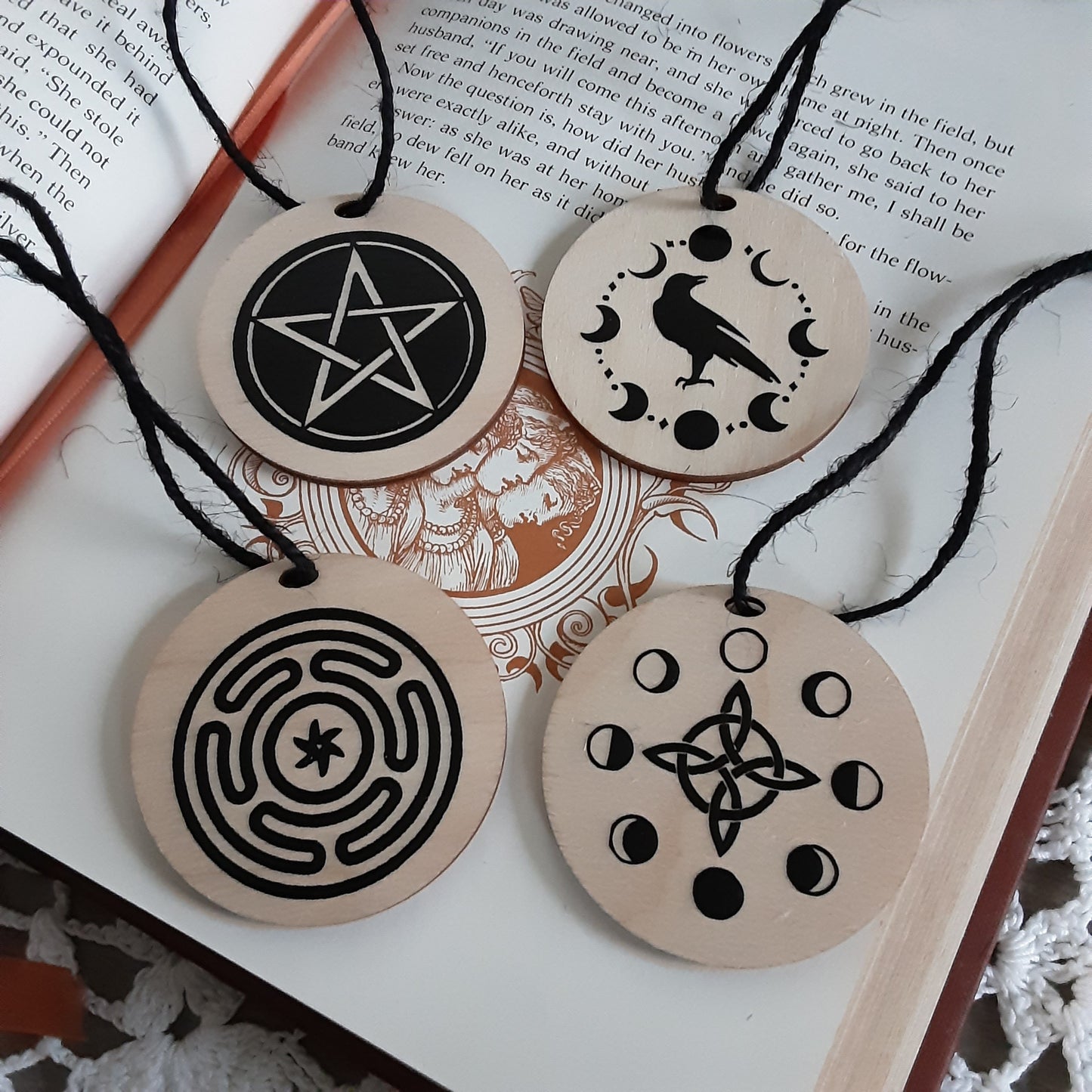 Yule ornament 1pc wooden decor Raven Pentacle Witch knot Moon Phase Hecate&#39;s Wheel Pagan Holiday decor Witchy Gothic vibes