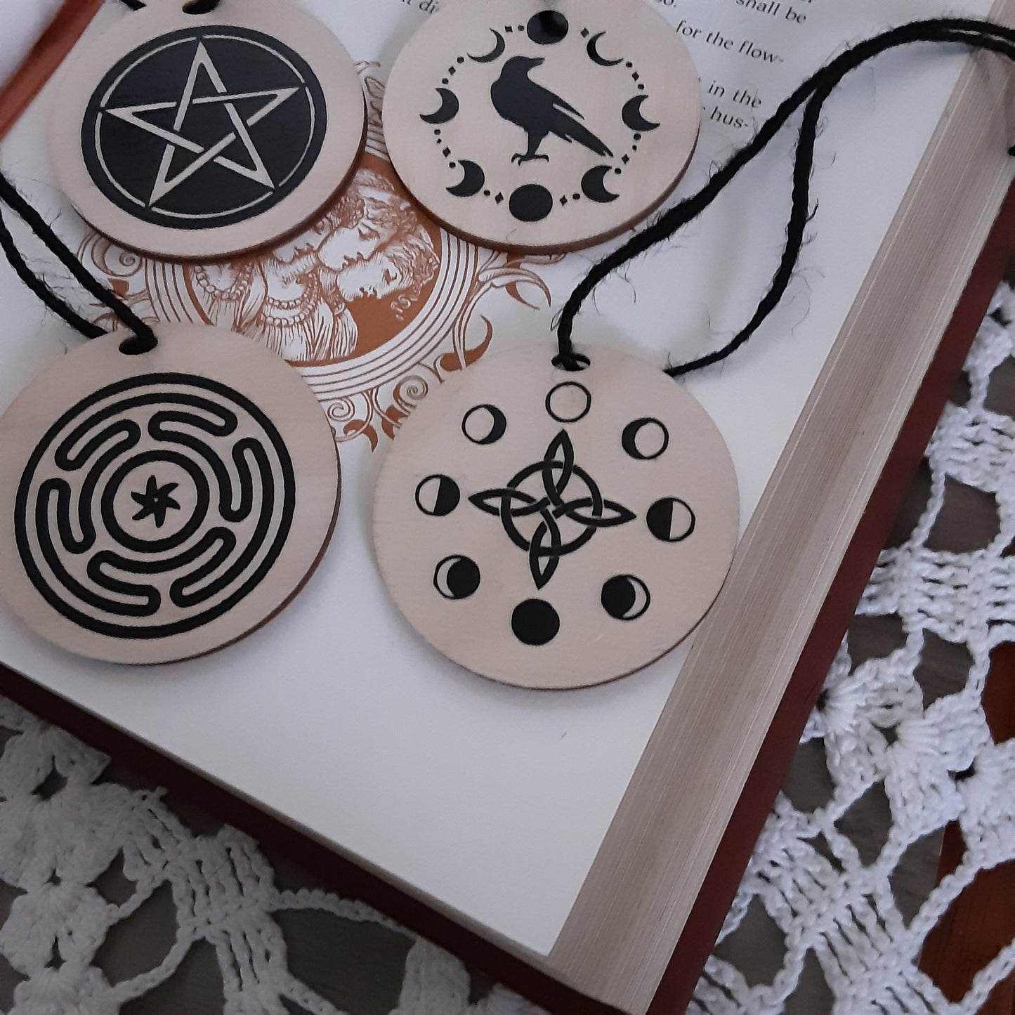 Yule ornament 1pc wooden decor Raven Pentacle Witch knot Moon Phase Hecate&#39;s Wheel Pagan Holiday decor Witchy Gothic vibes