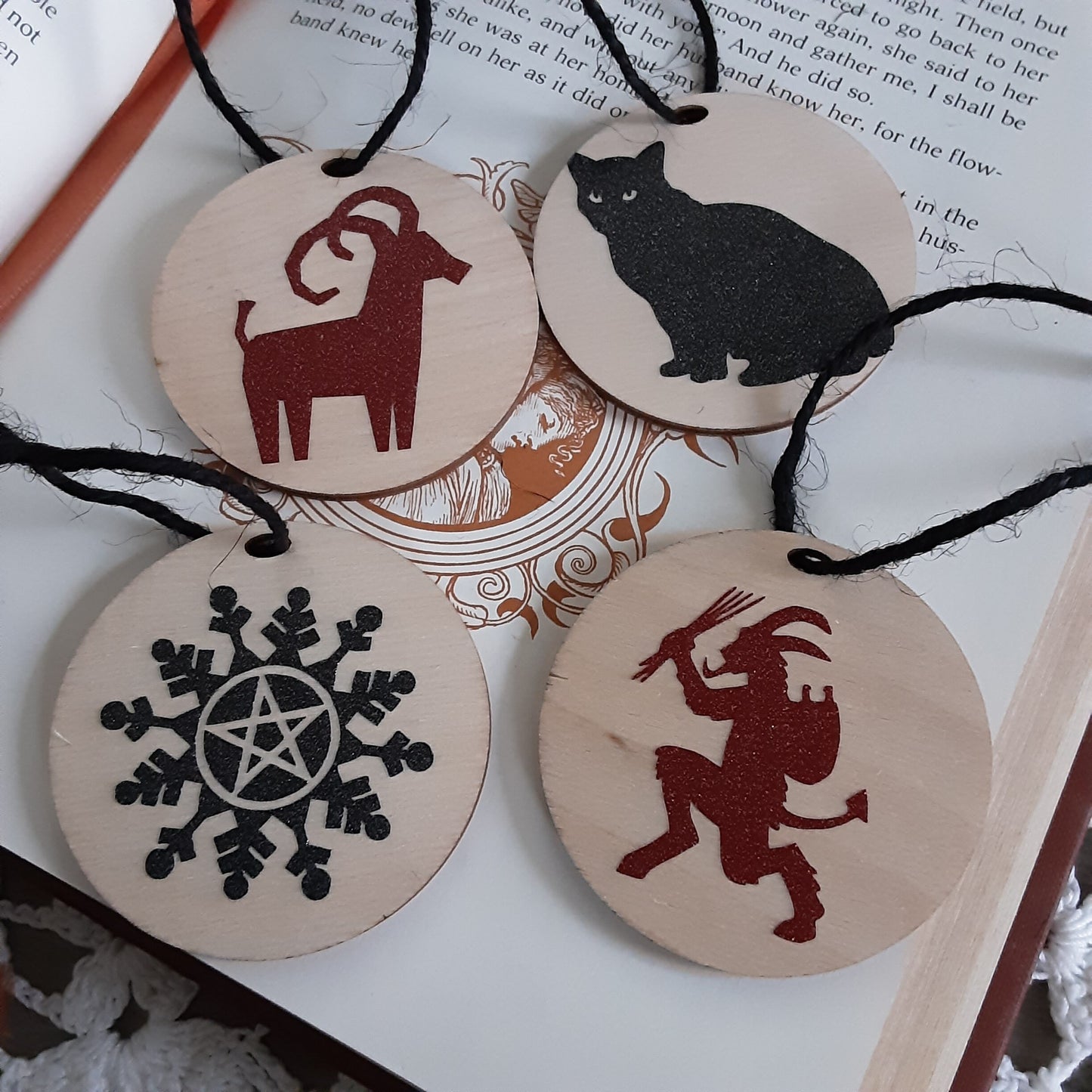 Yule glitter ornament 1 pc wooden decor, Pentacle snowflake, Yule Goat, Yule Cat and Krampus Pagan Holiday decor, Witchy Gothic vibes