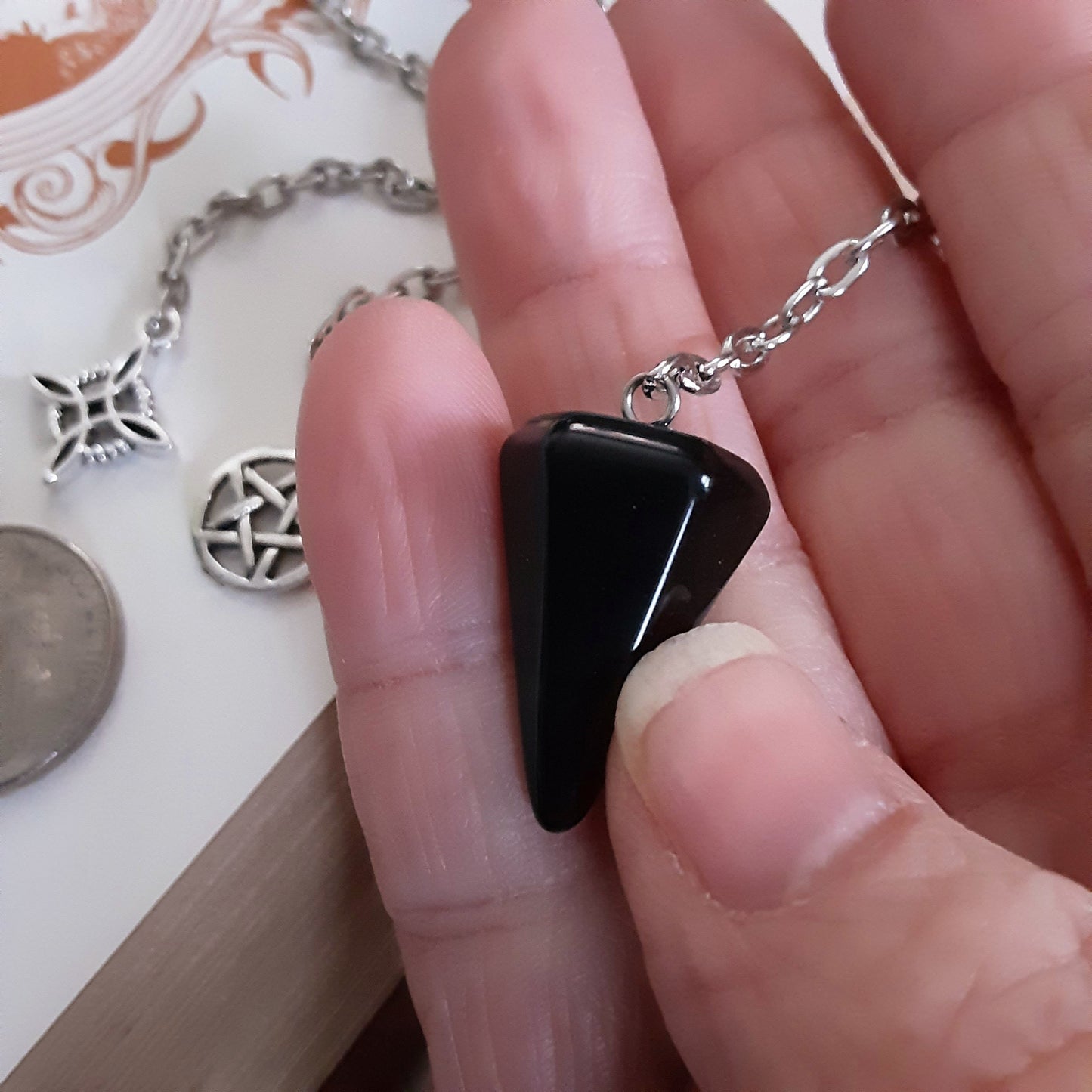 Obsidian Pendulum, Choose Raven, Pentacle of Witch knot, Divination Tool, Mini Obsidian Point Pendant Chain, Yule Gift idea