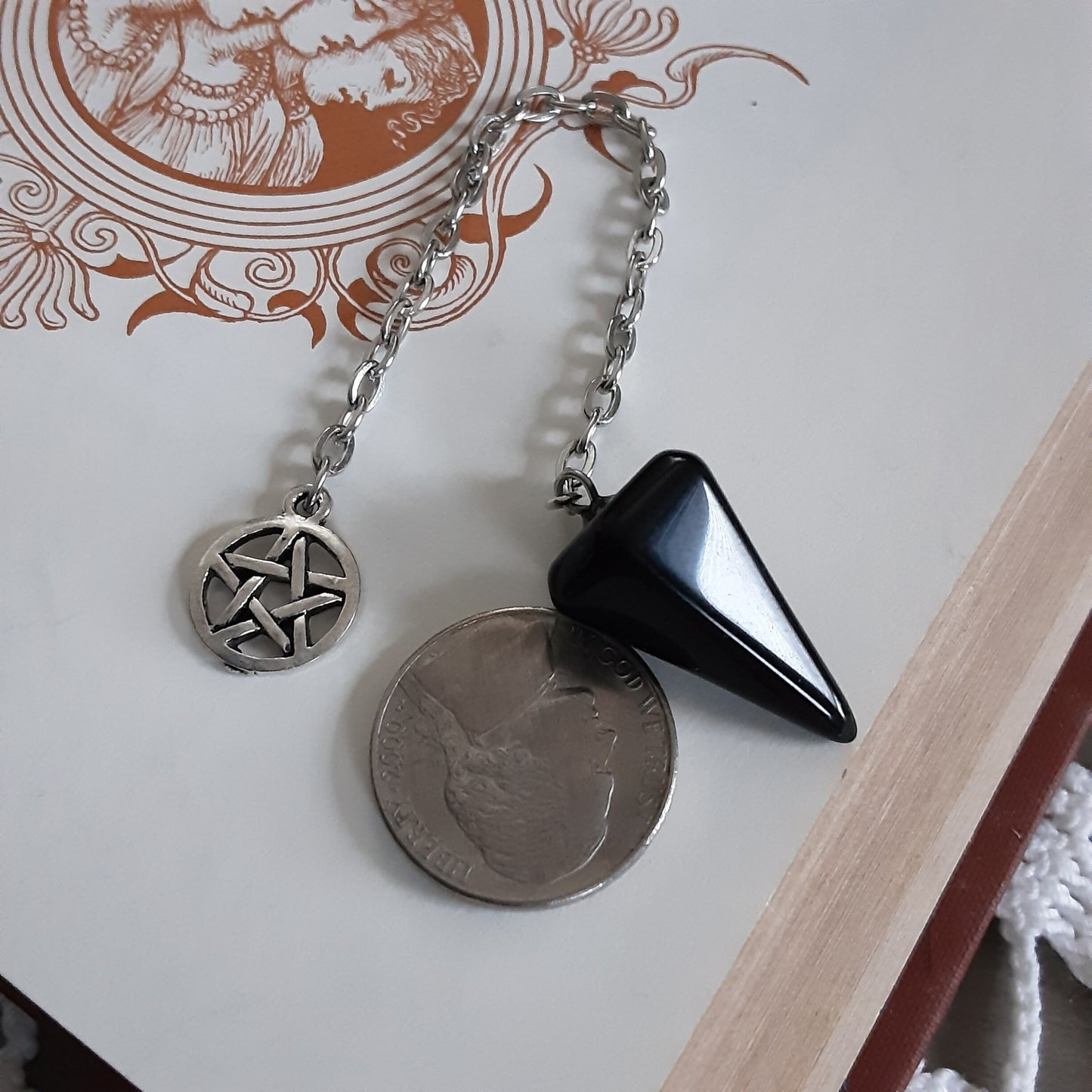 Obsidian Pendulum, discounted please read, pentacle detail, divination tool,Mini Obsidian Point Pendant Chain, Yule Gift idea