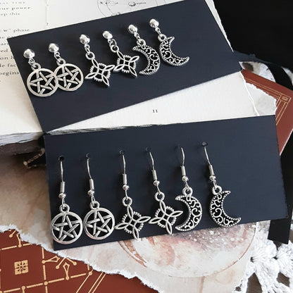 Witch earring set, 3 pr set of pentacles, witch knots and crescent moons, Choose hooks or studs, Pagan Gift Idea, Protection Charm Jewelry