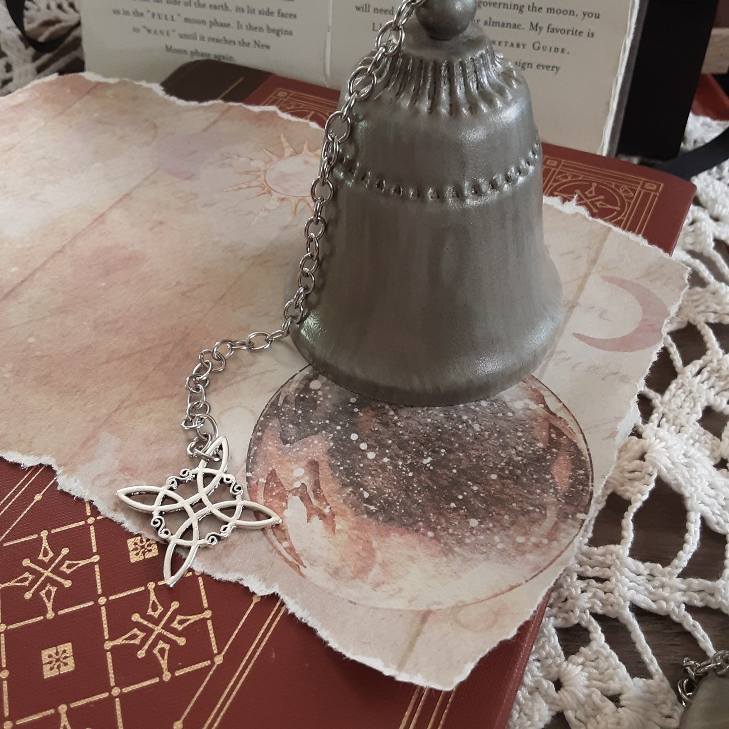 Witch bell, Clear Quartz for Amplifying and Cleansing or Witch knot for protection, Large Altar Bell, Pagan Magic tools, Sound cleansing