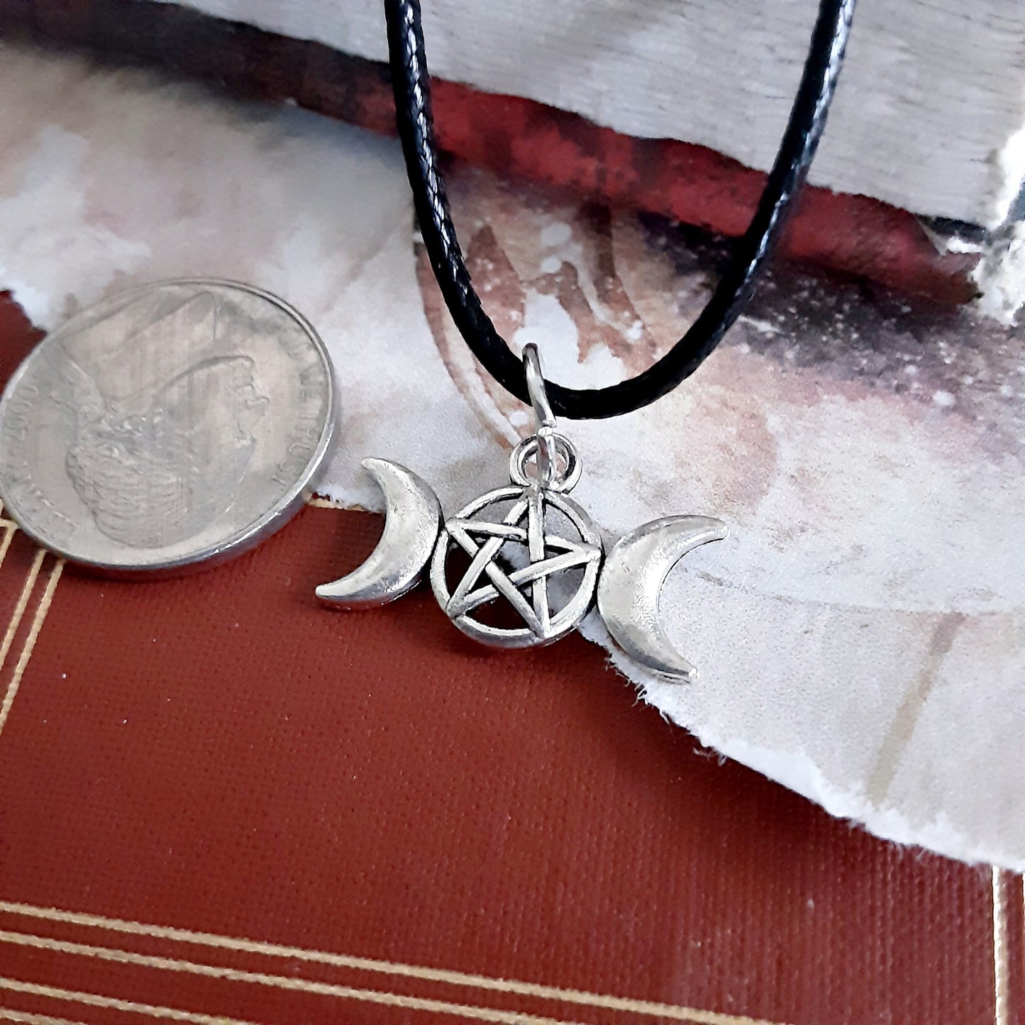 Hecate Necklace, Triple Moon Goddess Jewelry, Pentacle Crescent Moons, Everyday Witchcraft Daily Magic Amulet Pendant, Pagan Gift Idea