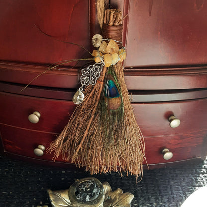 Hera Witch's Broom for Altar Cleansing Besom with Crescent moon and peacock feather Cinnamon scented broom