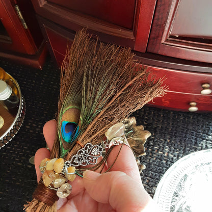 Hera Witch's Broom for Altar Cleansing Besom with Crescent moon and peacock feather Cinnamon scented broom