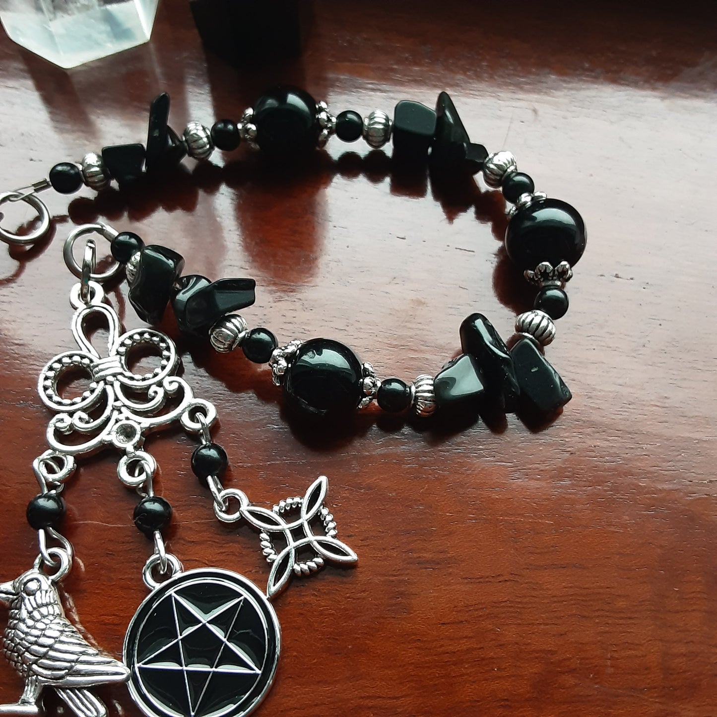 Hekate prayer beads with Obsidian, Witch&#39;s ladder with Raven, Pentacle, Witch knot, Crescent moons and Triple Moon Goddess charm, Pagan