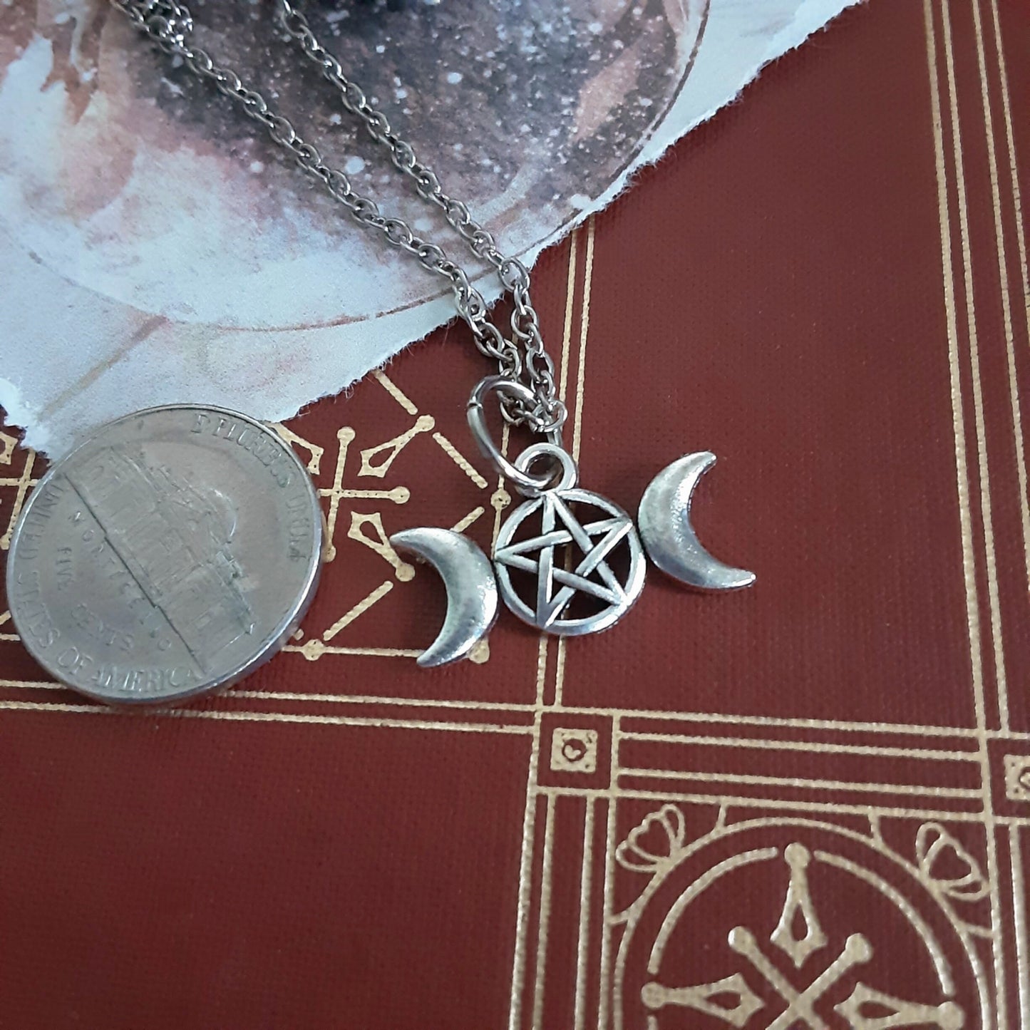 Triple Moon Goddess Anklet, Witch Pagan charm, Hidden magic jewelry, Plus size adjustable, Crescent moon and pentacle charm