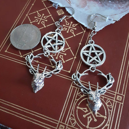 Horned God inspired earrings Stag Deer and pentacle earrings, Pagan Witch jewelry, dangle earrings Cernunnos dedication Gift idea