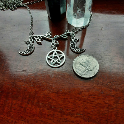 Moon Necklace Pentacle and Leafy Branch, Triple Moon Goddess and Horned God inspired, Plus Size Long Chain Pagan Green Witch Lunar Jewelry