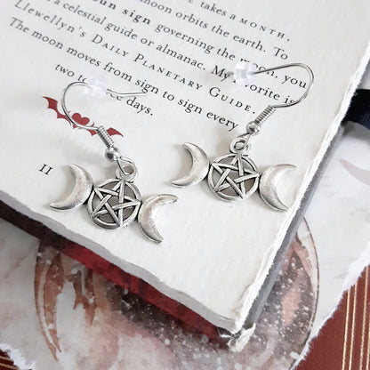 Triple Moon Goddess Earrings Hekate Dedication Pagan Deity Crescent Moon and Pentacle charm jewelry Magic Protection Symbol