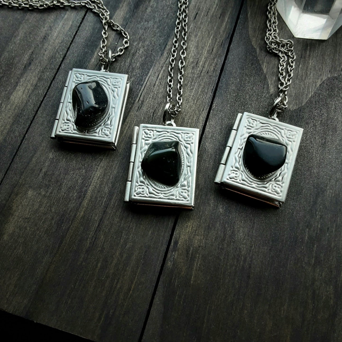Book locket with Obsidian for Protection, Dark Academia necklace with long or short chain, layering necklace, Protection Magic