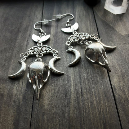 Hekate inspired Raven Skull earrings Crescent Moon Chandelier Maximalist style jewelry Dark Death Witch Energy