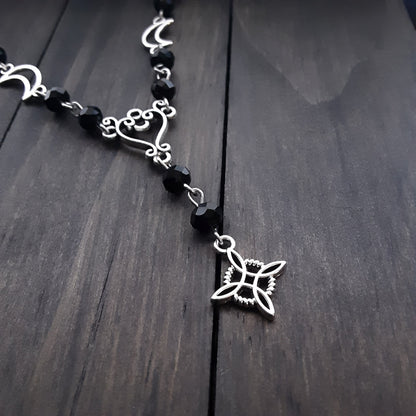 Witch&#39;s Rosary, Witch knot rosary inspired necklace, Victorian Gothic style y link crystal beaded chain, Gift idea, Black crystal jewelry