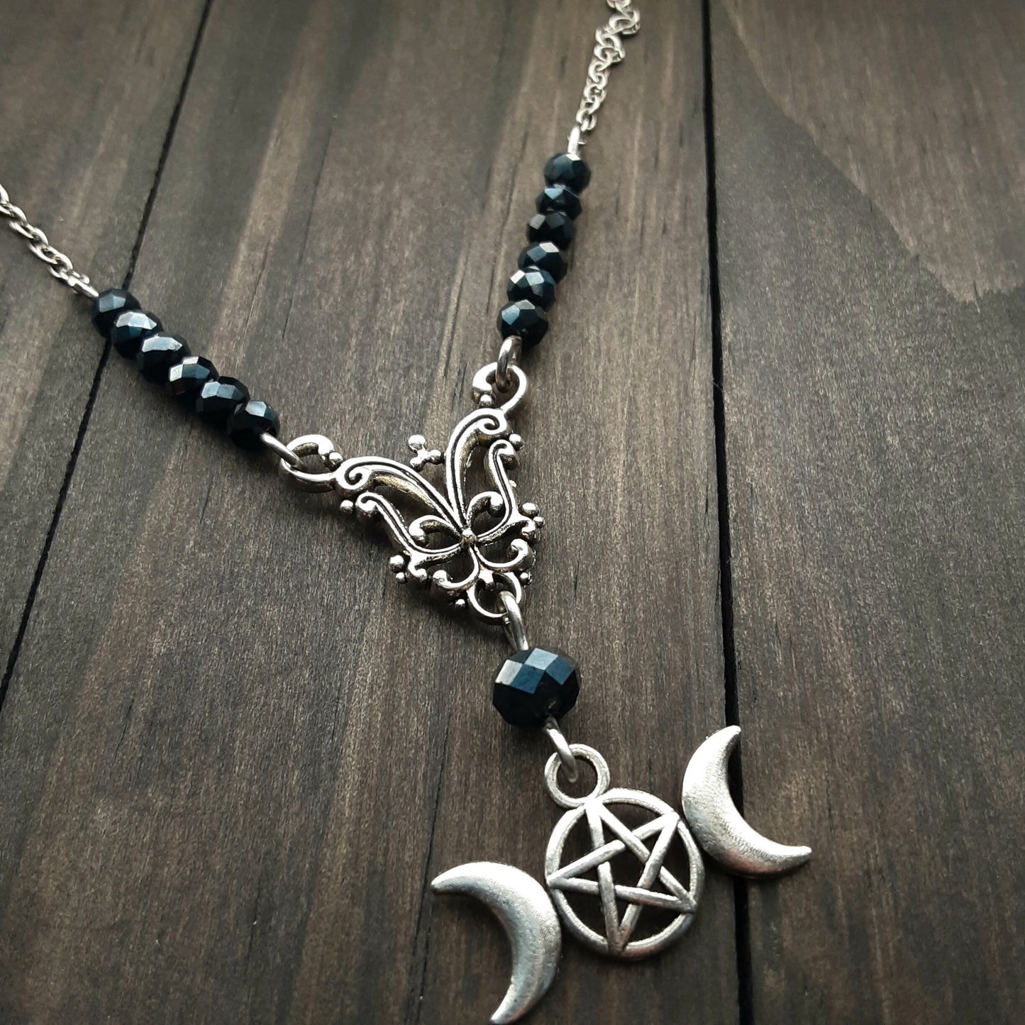 Hekate Necklace Triple Moon Goddess Gothic Jewelry Adjustable Witch Jewelry  Black crystal beaded