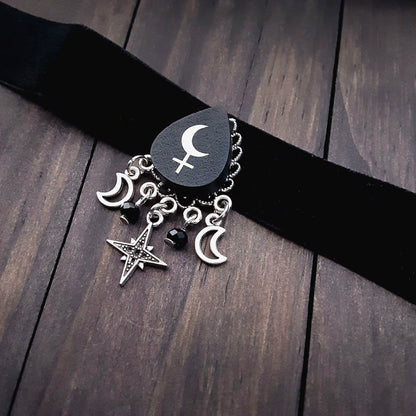 Lilith Choker Necklace with Morning Star and Crescent Moon detailing Adjustable Plus Size Witchy Pagan Jewelry