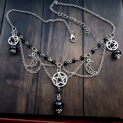 Gothic Wedding Necklace with Obsidian Pentacles and Crescent Moons, Adjustable plus size Witchy choker necklace