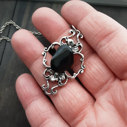 Obsidian Necklace Protection Witchcraft jewelry Gothic Dark Academia style pendant Vintage inspired Floral detailing