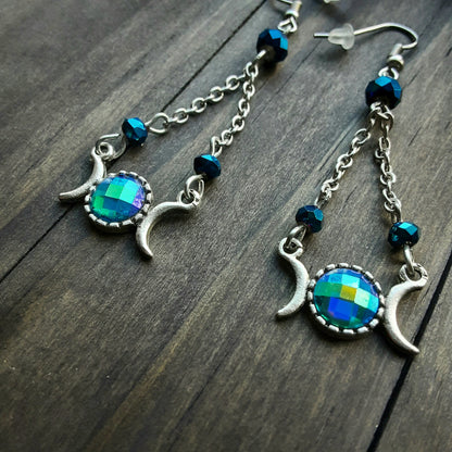 Hekate Earrings Chandelier Triple Moon Goddess Blue crystal detailed Witchy Jewelry Pagan Gift idea
