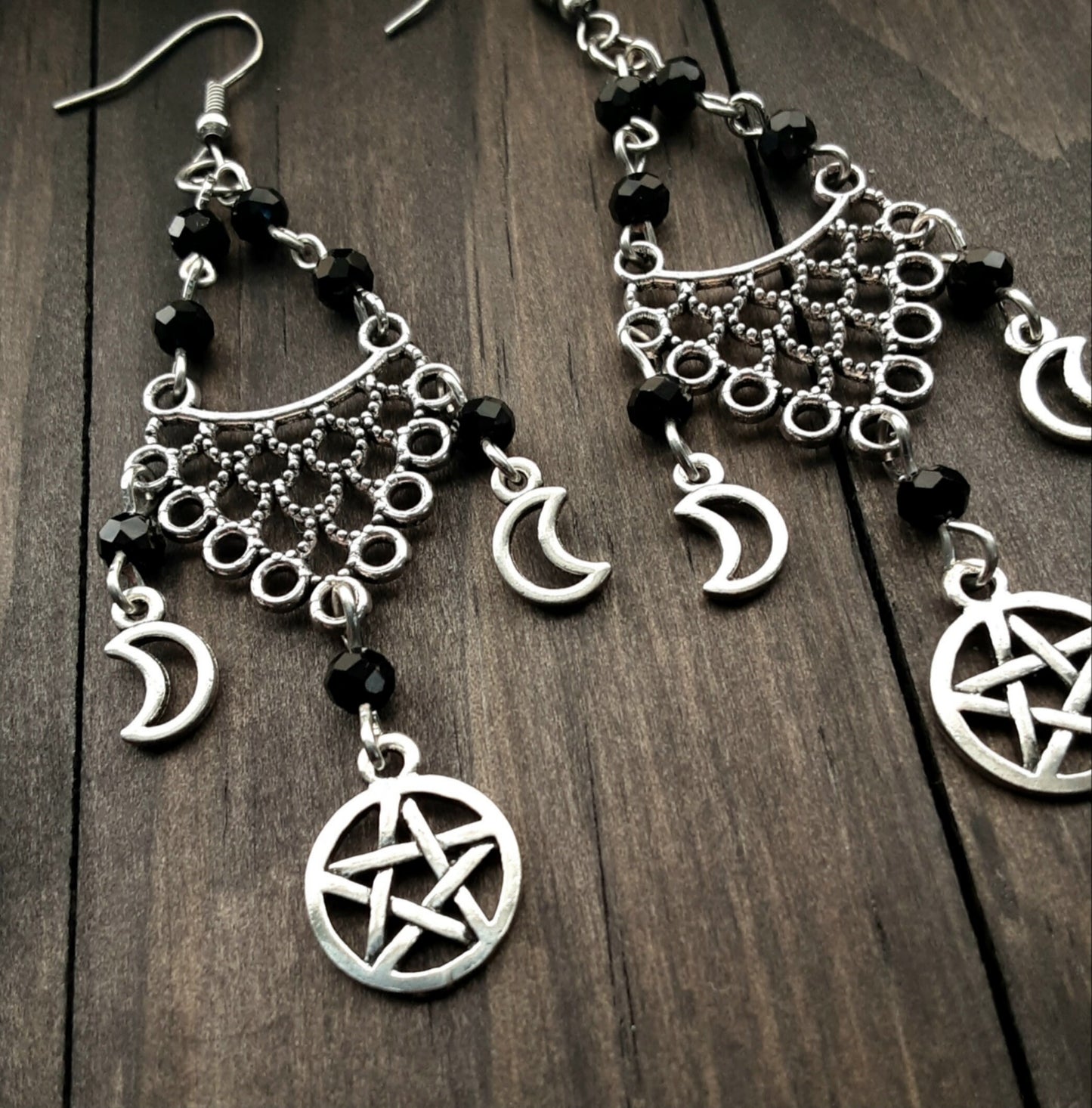 Hekate earrings Pentacle and crescent moon chandelier earrings Witchy Vibes