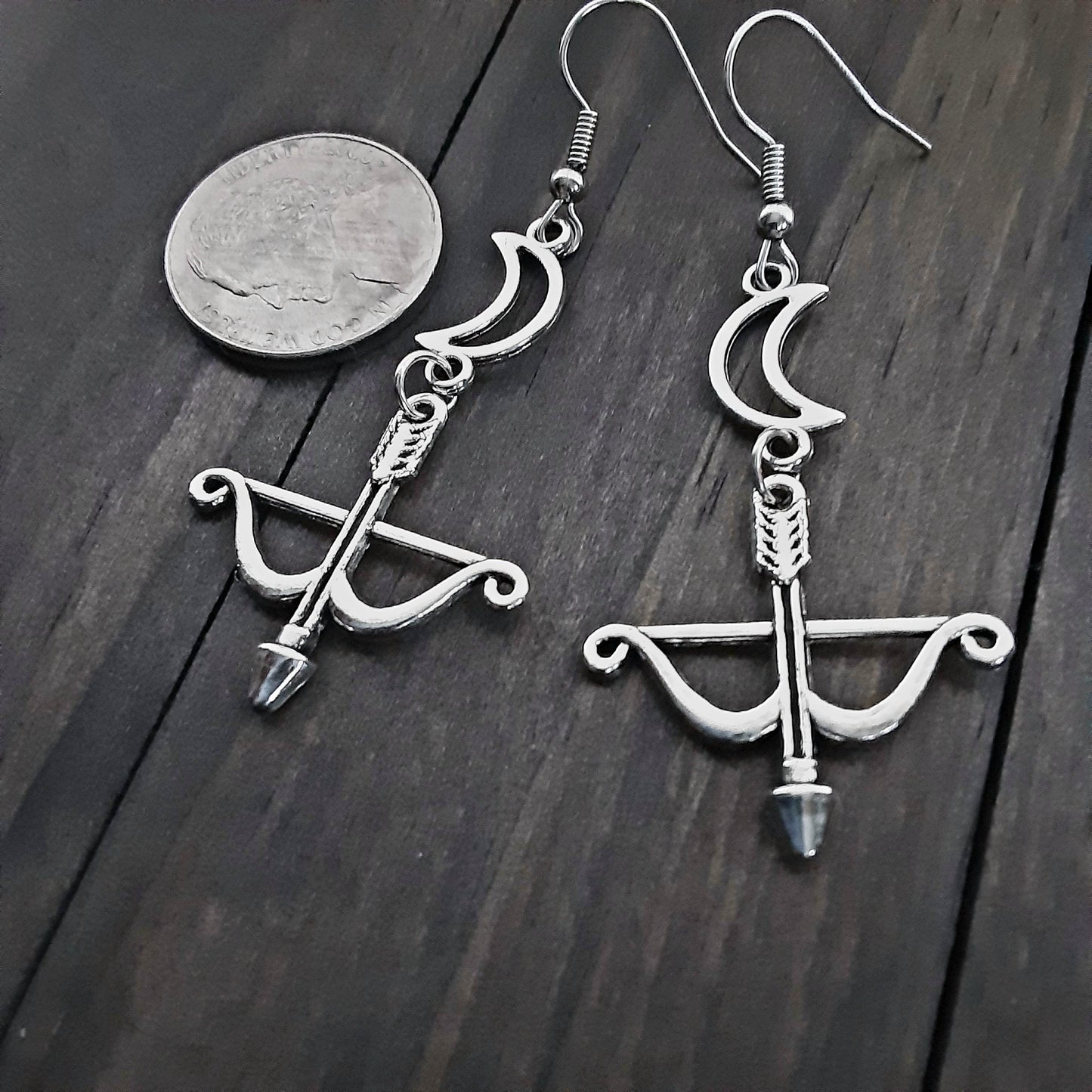 Artemis earrings Greek Goddess of the Hunt Bow and arrow with crescent moon charms Sagittarius jewelry Pagan Dedication Gift Idea