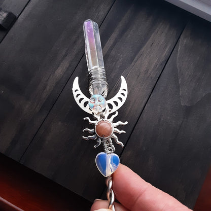 Wand Fae Queen Quartz Crystal Wand with Moon Phase Sun and Gemstone, Sunstone and Opalite detailed magic wand One of a kind handmade wand