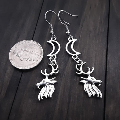 Horned God earrings Cernunnos or Artemis Goddess Stag and Crescent Moon Jewelry Pagan Gift Idea