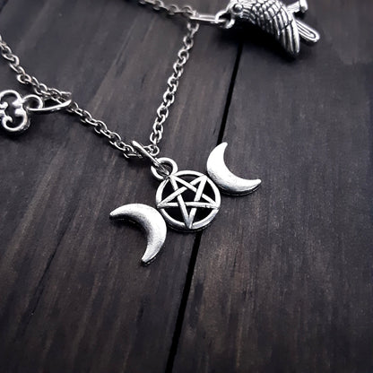 Hekate charm necklace with Triple Moon Goddess Raven and Key Adjustable chain Pagan Jewelry