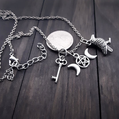 Hekate charm necklace with Triple Moon Goddess Raven and Key Adjustable chain Pagan Jewelry