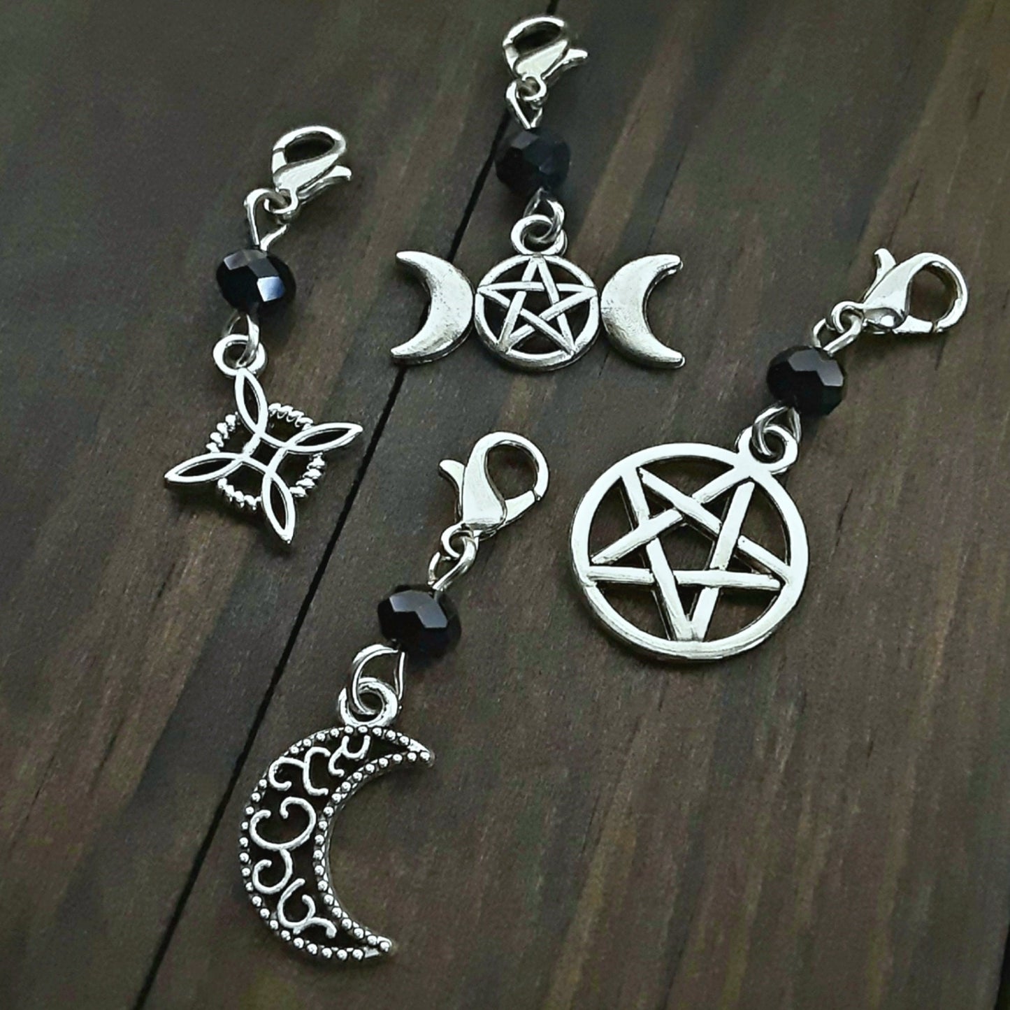 Stitch Marker Witchy 4 pc set Pagan zipper pulls Witch knot Pentacle Triple Moon Goddess and Crescent moon Gothic gift idea