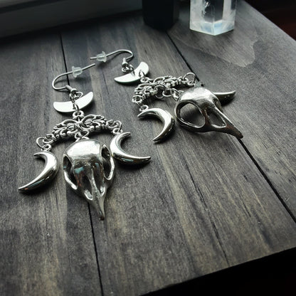 Hekate inspired Raven Skull earrings Crescent Moon Chandelier Maximalist style jewelry Dark Death Witch Energy