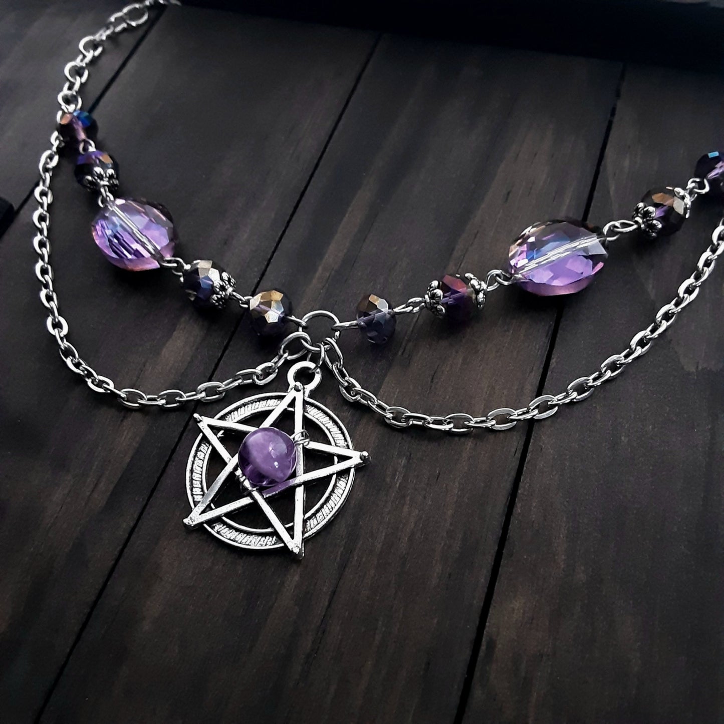Pentacle Necklace with Amethyst and purple crystal Adjustable plus size choker necklace Pagan Jewelry