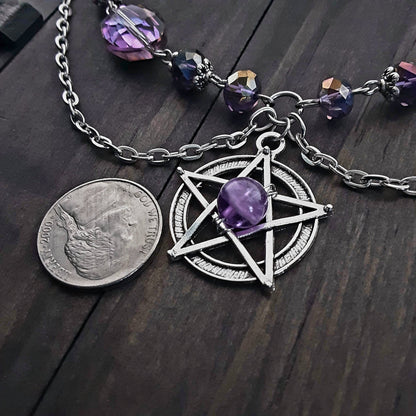 Pentacle Necklace with Amethyst and purple crystal Adjustable plus size choker necklace Pagan Jewelry