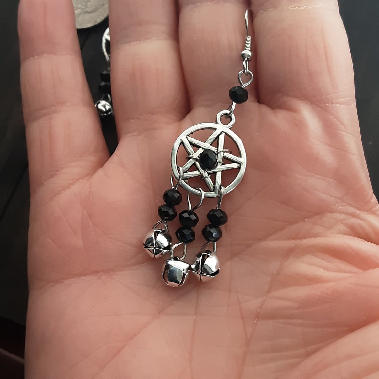 Witch bell earrings with pentacles and black crystals Sound cleansing Pagan jewelry